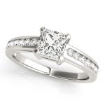 Channel Set Engagement Ring, Side Stone Style, Square Shape, in White Gold - 83754