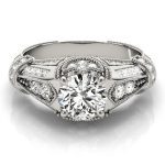 Antique Engagement Ring, Vintage Style, Round Shape, in White Gold - 83764