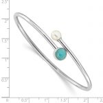 SS Rh-plated Amazonite and FWC Pearl Flexible Cuff Bangle Bracelet