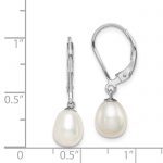 Sterling Silver Rhodium-plated Polished White 7-8mm Freshwater Cultured Pearl Leverback Dangle Earrings