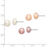 Sterling Silver Rh-pl 8-9mm Set of 3 Wt/Pink/Purp Button FWC Pearl Earrings