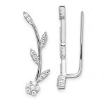 Sterling Silver Rhodium-plated Polished CZ Flower with Stem Ear Climber Earrin