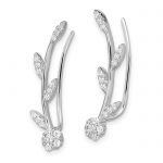 Sterling Silver Rhodium-plated Polished CZ Flower with Stem Ear Climber Earrin