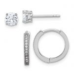 Sterling Silver Rh-plated CZ 2mm Hoop and 5mm Stud Post Earring Set