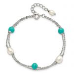 Sterling Silver Rhodium-plated Turquoise/FWC Pearl with 1in Ext Bracelet