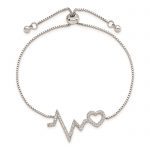 Sterling Silver Polished Rhodium Micro Pavé CZ Heartbeat Adj. Bracelet