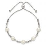 Sterling Silver Polished Beaded and Synthetic Pearl Adjustable Bracelet