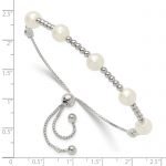 Sterling Silver Polished Beaded and Synthetic Pearl Adjustable Bracelet