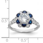 Sterling Silver Rhodium-plated CZ and Lab Cr. Blue Sapphire Flower Ring