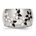 Stainless Steel Black and White Enamel Flowers with CZ Ring