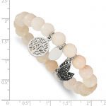 Chisel Stainless Steel Antiqued and Polished Butterfly and Tree of Life 8mm White Jade Beaded Stretch Bracelet