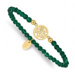 Chisel Stainless Steel Polished Yellow IP-plated Tree of Life 4mm Green Jade Beaded Stretch Bracelet