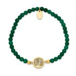 Chisel Stainless Steel Polished Yellow IP-plated Tree of Life 4mm Green Jade Beaded Stretch Bracelet