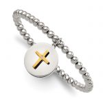 Chisel Stainless Steel Polished Yellow IP-plated Cross FAITH CONQUERS ALL Dangle with Crystal Beaded Stretch Bracelet