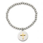 Chisel Stainless Steel Polished Yellow IP-plated Cross FAITH CONQUERS ALL Dangle with Crystal Beaded Stretch Bracelet