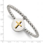 Chisel Stainless Steel Polished Yellow IP-plated Cross FAITH CONQUERS ALL Dangle with Crystal Beaded Stretch Bracelet