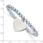 Chisel Stainless Steel Polished Heart Dangle Blue Glass Beaded Stretch Bracelet