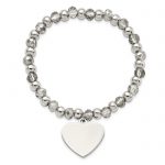 Chisel Stainless Steel Polished Heart Dangle 6mm Grey Glass Beaded Stretch Bracelet