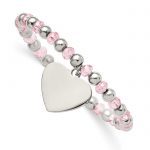 Chisel Stainless Steel Polished Heart Dangle 6mm Pink Glass Beaded Stretch Bracelet