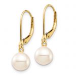 14K 7-8mm White Round Freshwater Cultured Pearl Leverback Earrings