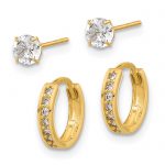 14K Polished CZ Post and Hinged Hoop Earring Set