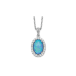 Cheryl M Sterling Silver Rhodium-plated Cabochon Lab Created Blue Opal and Brilliant-cut CZ Oval 18.5 Inch Necklace