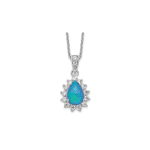 Cheryl M Sterling Silver Rhodium-plated Cabochon Lab Created Blue Opal and Brilliant-cut CZ Pear 18 Inch Necklace