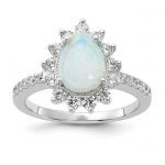 Cheryl M Sterling Silver Rhodium-plated Cabochon Lab Created Opal and Brilliant-cut CZ Teardrop Halo Ring