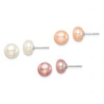 Sterling Silver Rh-pl 8-9mm Set of 3 Wt/Pink/Purp Button FWC Pearl Earrings