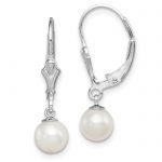 Sterling Silver Rhodium-plated Polished White 6-7mm Freshwater Cultured Pearl Leverback Dangle Earrings