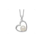 Sterling Silver Rhodium-plated Polished Open Heart with 7-8mm White Button Freshwater Cultuted Pearl 17 inch Necklace