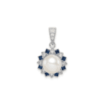 Sterling Silver RH-plated FWC Pearl/Syn. Blue Spinel Flower Pendant