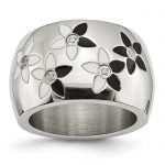 Stainless Steel Black and White Enamel Flowers with CZ Ring