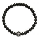 Chisel Stainless Steel Antiqued and Polished Cross 7mm Black Agate Beaded Stretch Bracelet