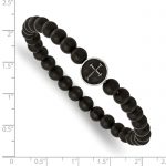 Chisel Stainless Steel Antiqued and Polished Cross 7mm Black Agate Beaded Stretch Bracelet