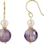 14K Yellow Natural Amethyst & Cultured White Freshwater Pearl Earrings - 650161