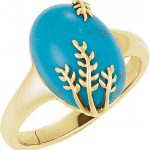 14K Yellow 14x10 mm Chinese Natura Turquoise Leaf Design Ring - 69621