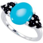 14K White Natural Turquoise & Natural Black Onyx Cabochon Ring - 67972