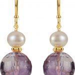 14K Yellow Natural Amethyst & Cultured White Freshwater Pearl Earrings - 650161