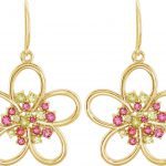 14K Yellow Natual Peridot & Natual Pink Tourmaline Flower Earrings - 85407