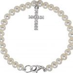 Sterling Silver Cultured White Freshwater Pearl & Imitation White Cubic Zirconia Cross 5.5" Bracelet - 651645