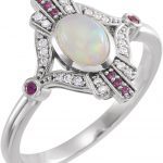 Platinum Natural Ethiopian Opal, Natural Pink Sapphire & .06 CTW Natural Diamond Cabochon Ring - 72093