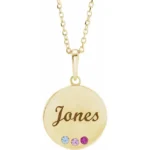 Engravable Family Disc Necklace, Round Shape Diamonds, 14k Yellow Gold